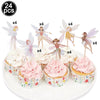 A set of 24 fairy cupcake toppers featuring various winged fairies in pastel colors and gold accents.
