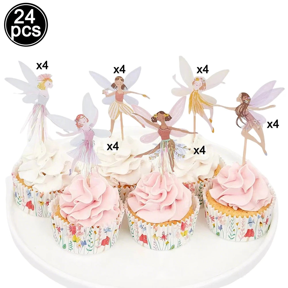 A set of 24 fairy cupcake toppers featuring various winged fairies in pastel colors and gold accents.