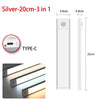 Silver 20cm 3-in-1 light fixture with a Type-C connection and rechargeable battery.