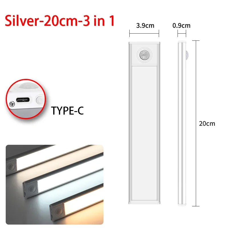 Silver 20cm 3-in-1 light fixture with a Type-C connection and rechargeable battery.