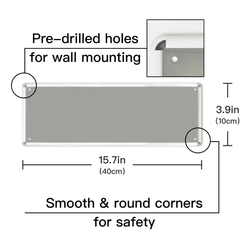 A rectangular metal sign with pre-drilled holes for wall mounting and smooth, round corners.