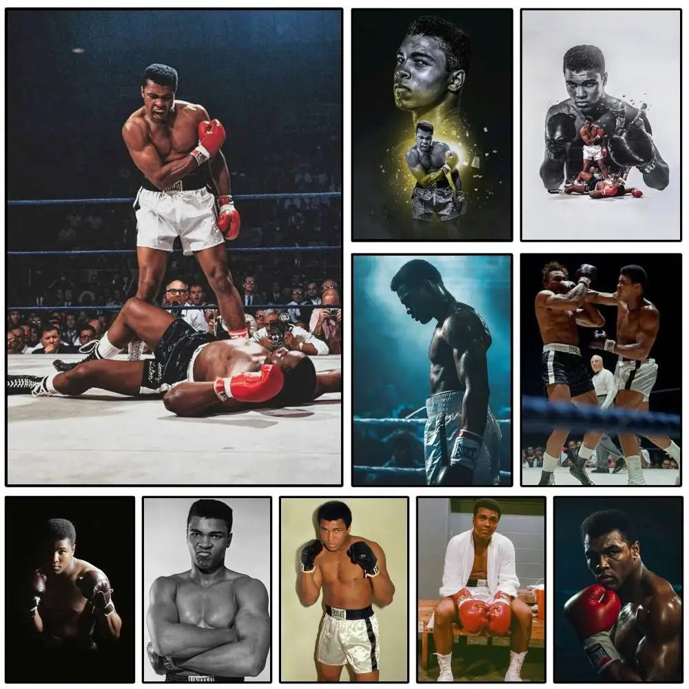 A collage of boxing photos featuring Muhammad Ali and other boxers, suitable for a classic boxing poster.