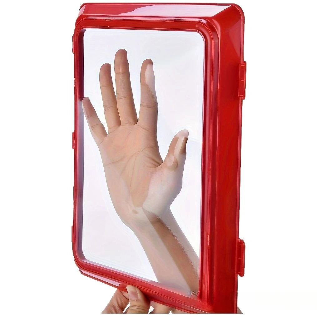 A clear, rectangular food preservation tray with a red frame and a hand visible through the glass.