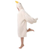 A white, fluffy cartoon goose hooded lounge robe being worn by a person.