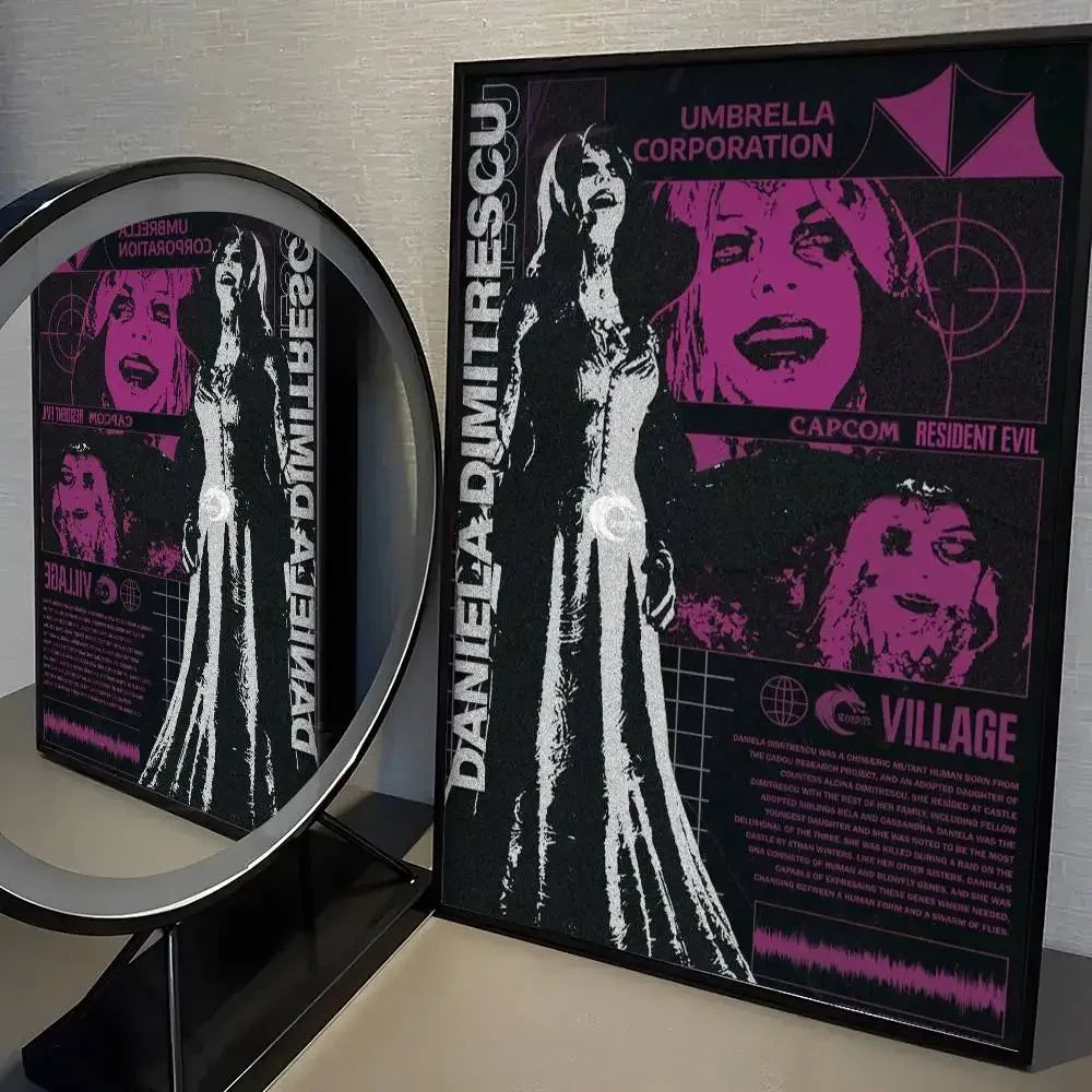A framed poster featuring characters from Resident Evil and Umbrella Corporation