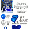 Birthday party decor kit featuring silver foil letters, blue heart balloons, and silk rose petals
