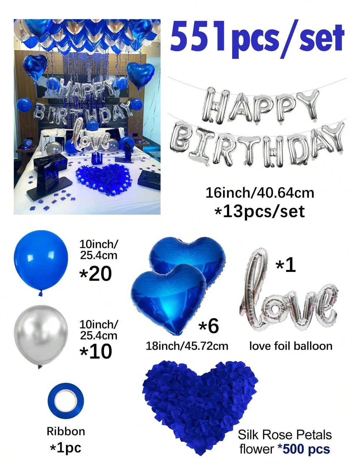 Birthday party decor kit featuring silver foil letters, blue heart balloons, and silk rose petals