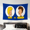 A blue flag featuring circular portraits of Beavis and Butt-Head with yellow stars and text