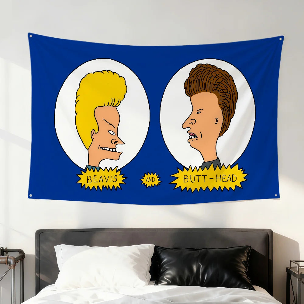 A blue flag featuring circular portraits of Beavis and Butt-Head with yellow stars and text