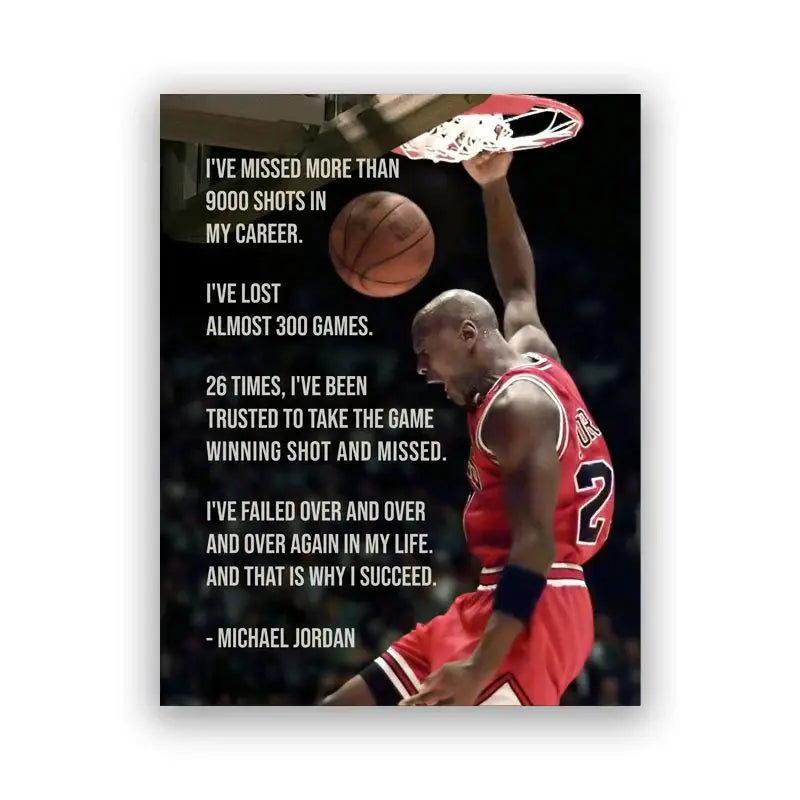 A black and white photo of Michael Jordan celebrating a basketball victory with a slam dunk.