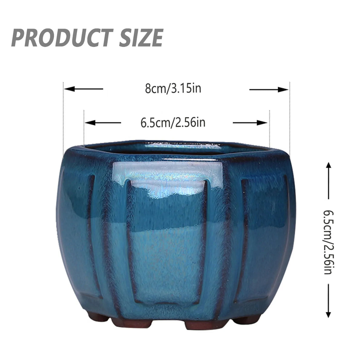 Maceta de suculenta de cerámica esmaltada azul, con 8 cm de ancho y 6.5 cm de alto.