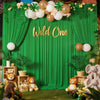 A green fabric backdrop decorated with gold lettering Wild One and floral greenery and balloons for a first birthday party