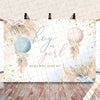 A gender reveal party decoration set featuring a banner with the text boy or girl and bear balloon elements.
