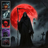 A dark figure in a hooded cloak with a skull mask stands before a large red moon, surrounded by spooky graveyard elements.
