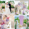 A set of three gold metal arch backdrops used as decorative stands for wedding or party photography.