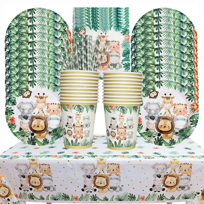 A set of safari jungle themed tableware including cups and plates with animal illustrations.