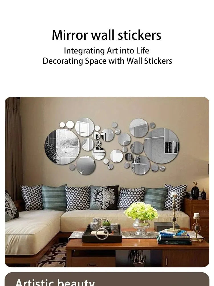 A display of various round mirror wall stickers decorating a modern living room wall.