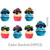 A set of 24 monster truck cake toppers featuring various colored trucks on cupcake bases for birthday parties