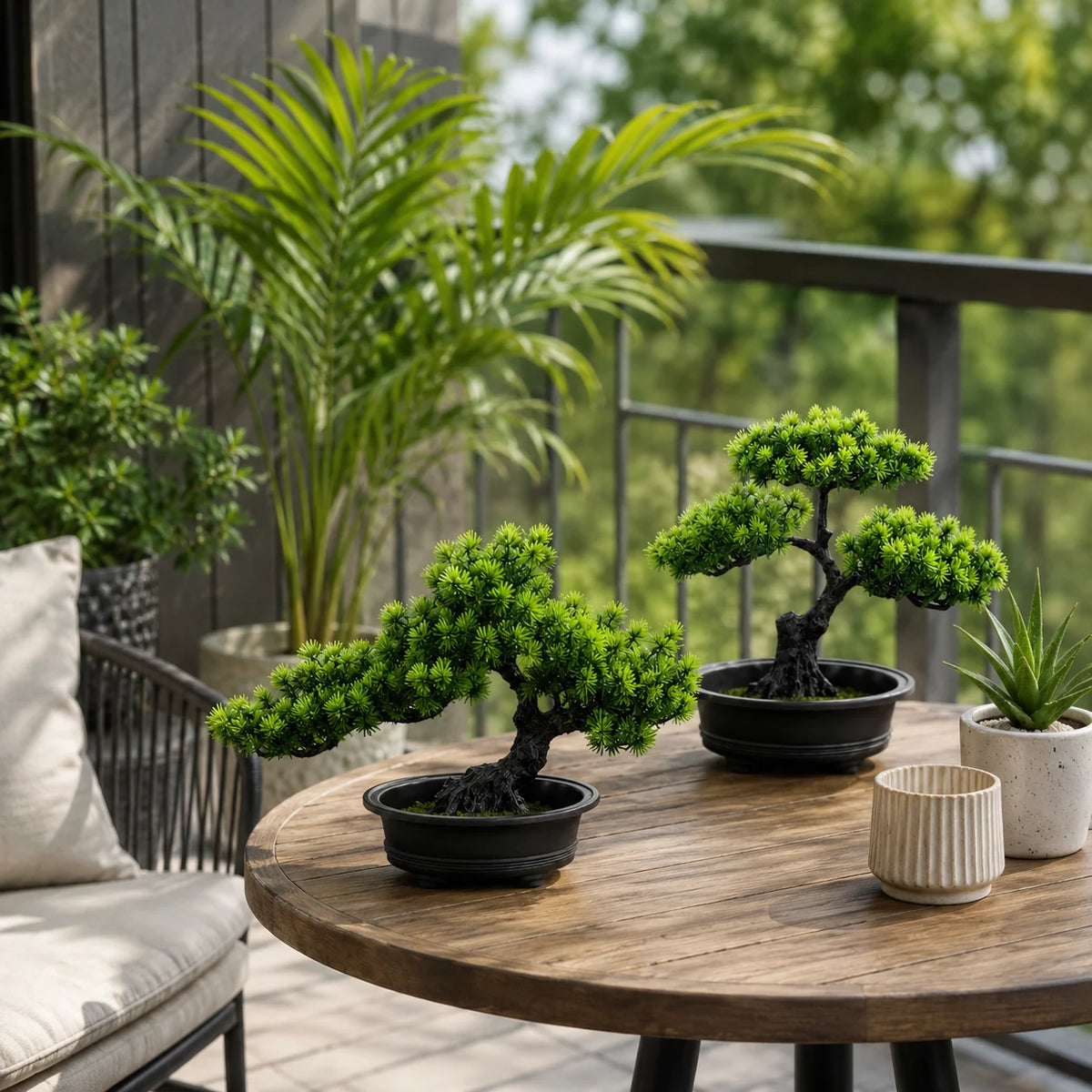 A small artificial bonsai pine tree in a black pot sits on a wooden table outdoors.