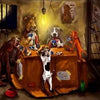 A painting depicting several animals, including a bear and a dog, gathered around a table playing poker.