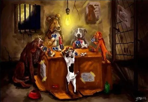 A painting depicting several animals, including a bear and a dog, gathered around a table playing poker.