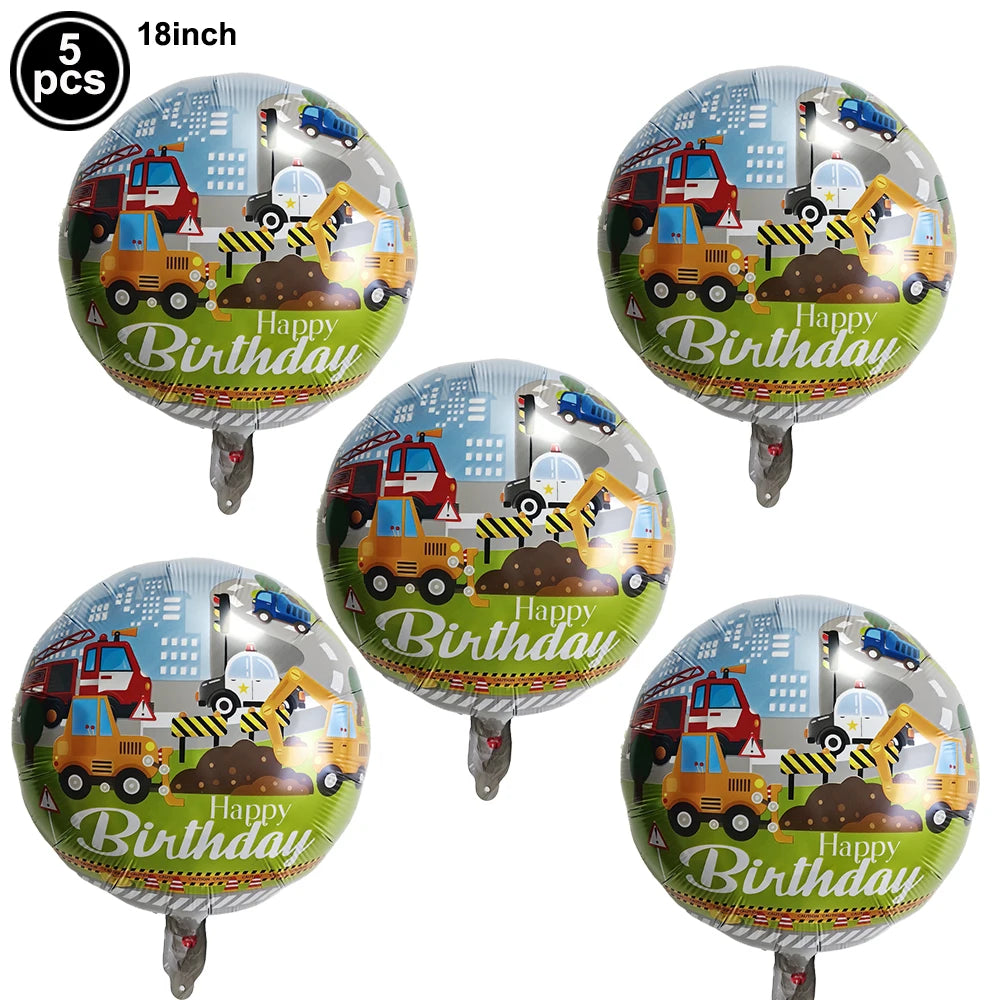 Five 18 inch foil balloons featuring construction trucks and machinery for a birthday party