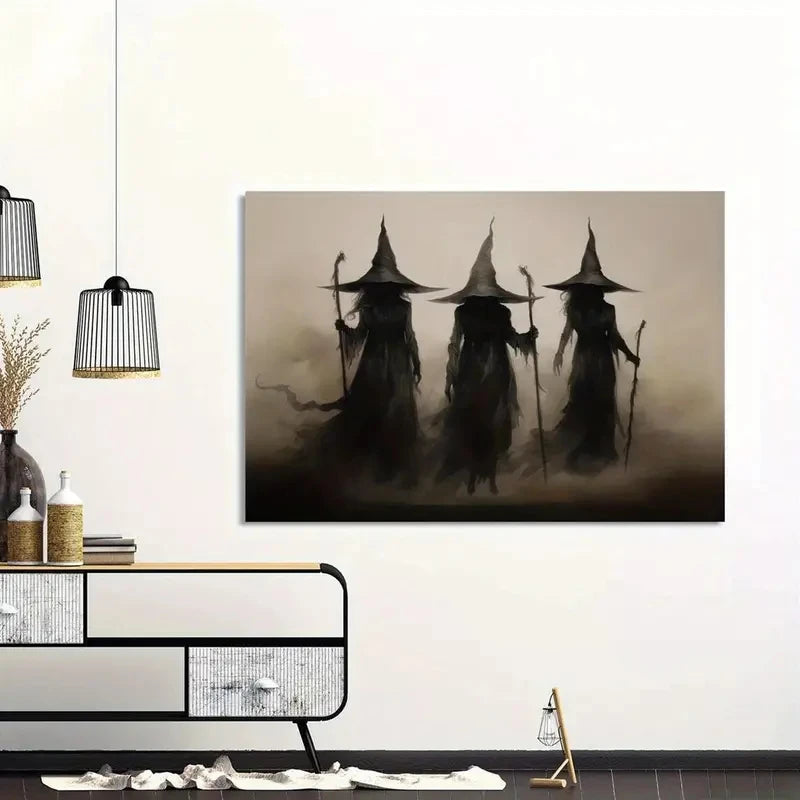 Dark gothic wall art canvas print featuring three witches silhouettes against a misty background