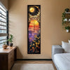 A vertical tapestry wall hanging depicting a celestial scene with a full moon, sunset colors, and floral elements.