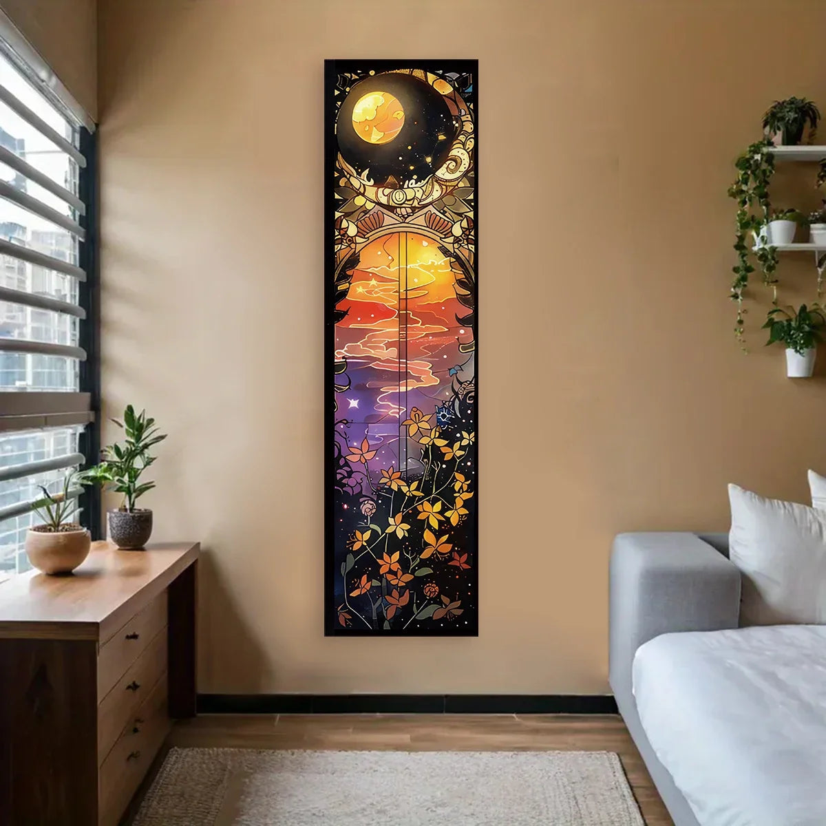 A vertical tapestry wall hanging depicting a celestial scene with a full moon, sunset colors, and floral elements.
