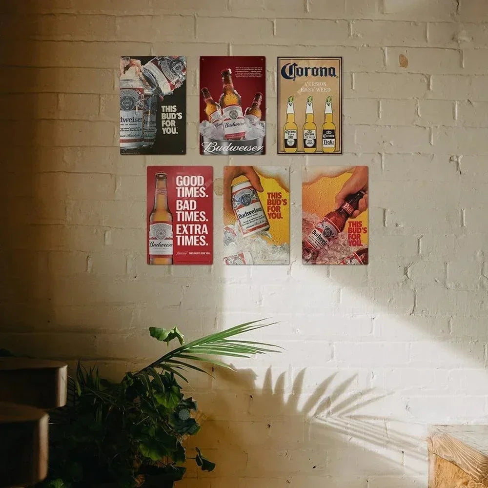 A set of vintage beer metal signs featuring various beer brands and slogans for decor.