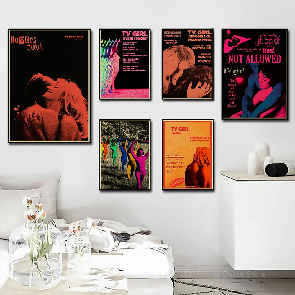 A gallery wall display of vintage TV Girl music posters featuring album art and text.