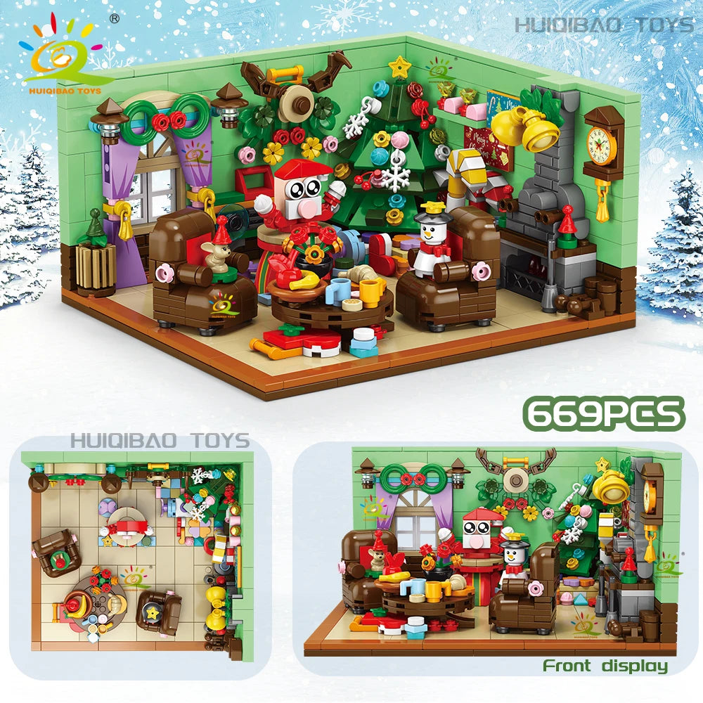 A set of 669 building blocks depicting a Christmas scene with Santa, a decorated tree, and train models.