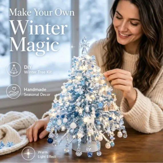 A woman is decorating a sparkling blue crystal bead Christmas tree kit with lights and ornaments.