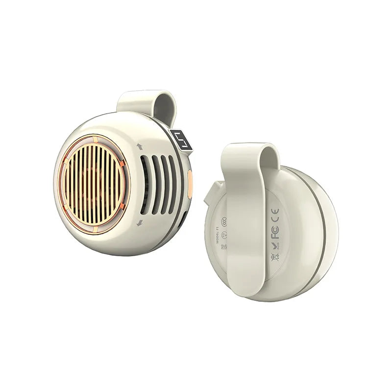 A beige portable bladeless clip-on fan with a grille and a handle is shown from the side.