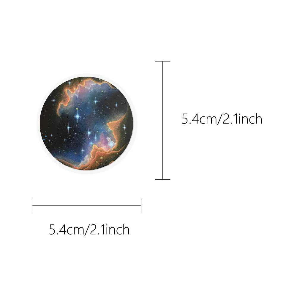 A circular decal showing a vibrant nebula and stars against a dark space background.