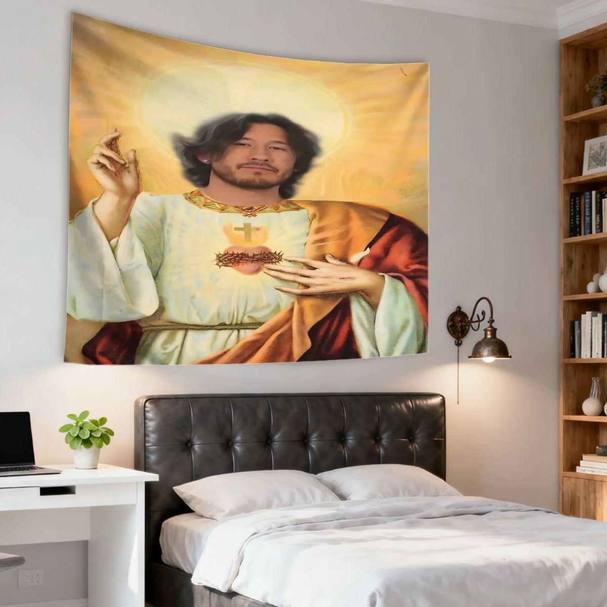 A tapestry wall hanging featuring a painting of Jesus with a halo against a golden background.