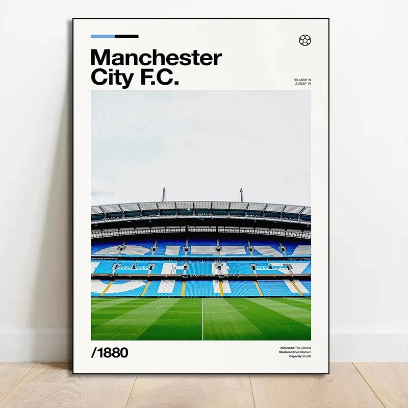 A poster featuring a panoramic view of Anfield stadium with blue and white seating under a cloudy sky.