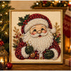 A framed painting depicting Santa Claus with a white beard made of pearls and festive red and green elements.