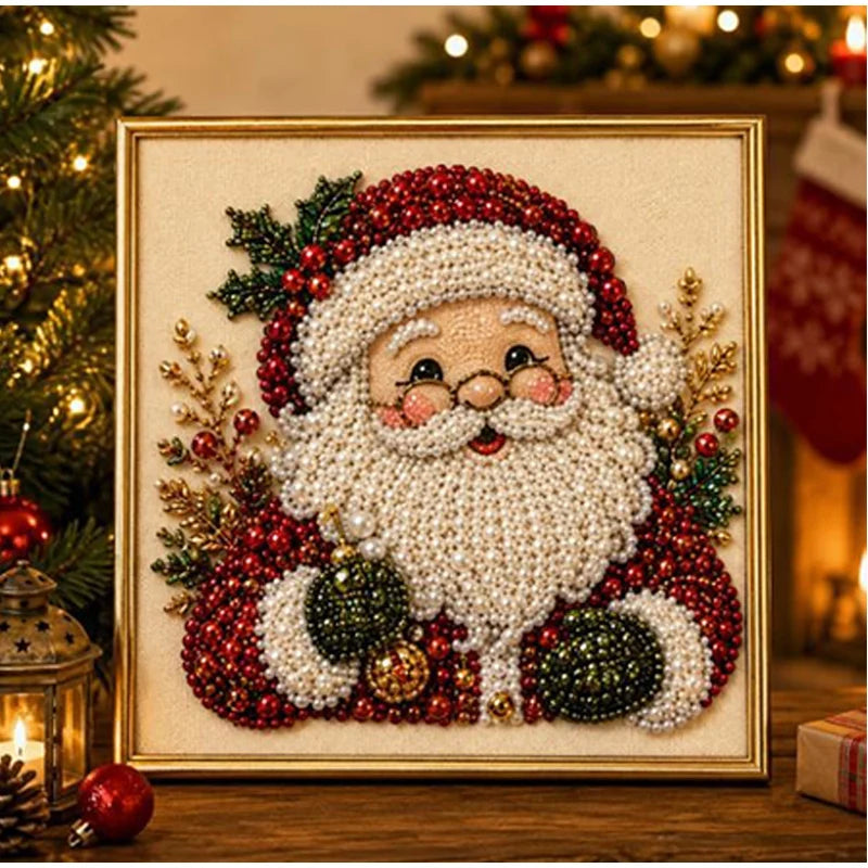 A framed painting depicting Santa Claus with a white beard made of pearls and festive red and green elements.