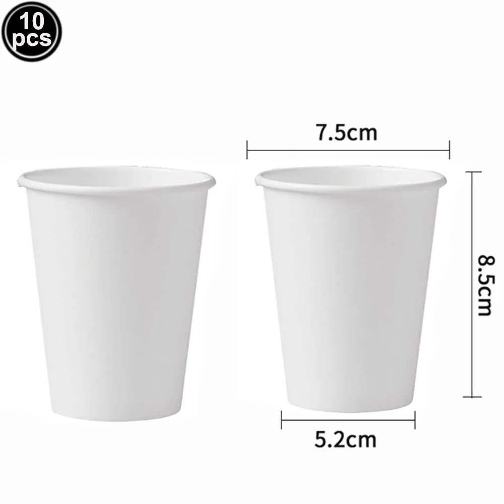 A set of ten white disposable paper cups shown next to dimension measurements.