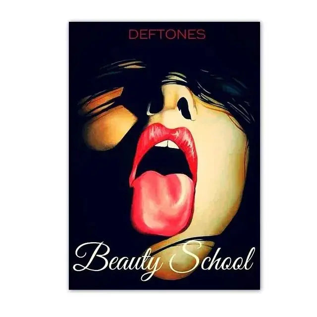 A close-up, stylized portrait of a woman with dark hair and red lips, featuring the text DEFTONES and BEAUTY SCHOOL.