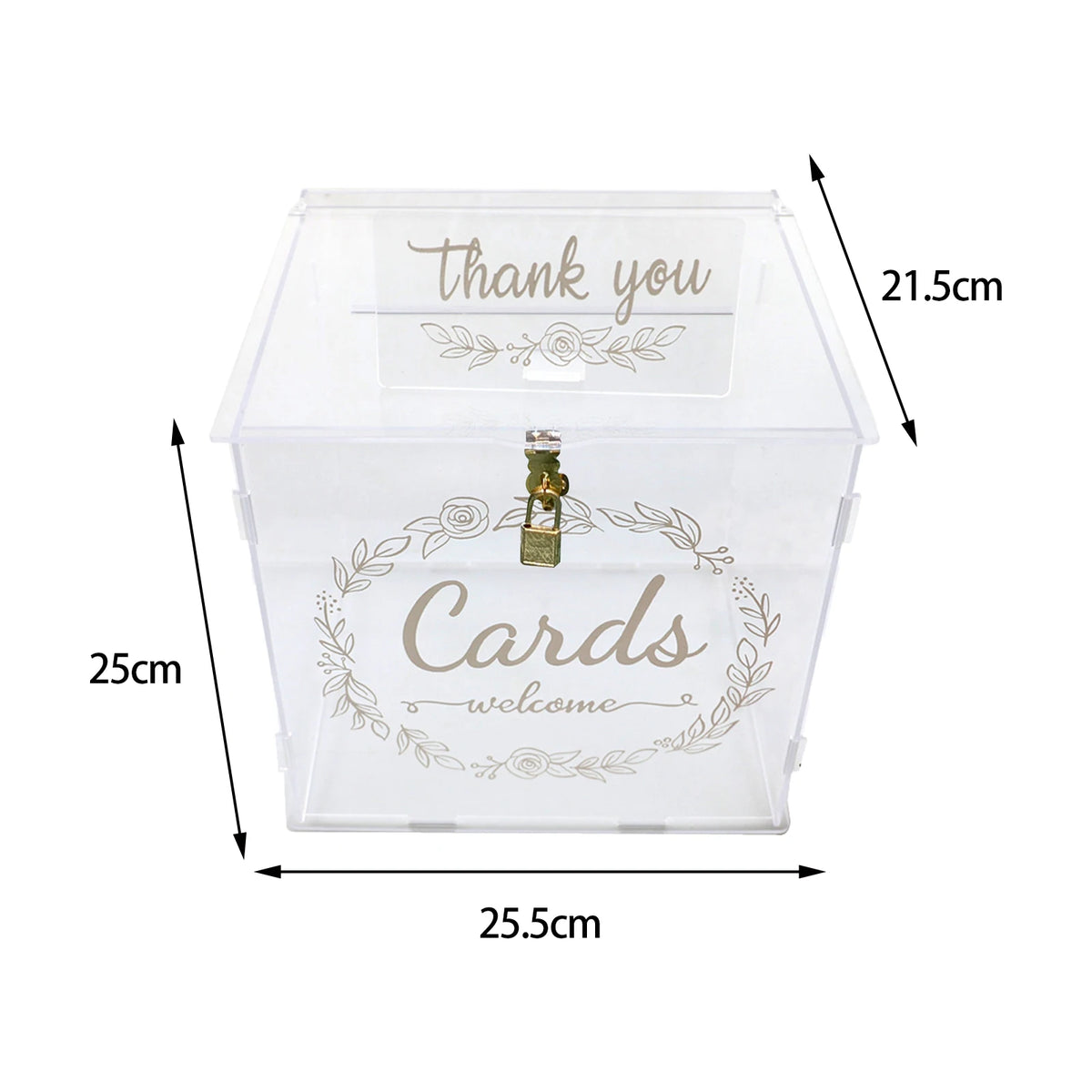 Clear acrylic gift box with a thank you message and cards welcome note