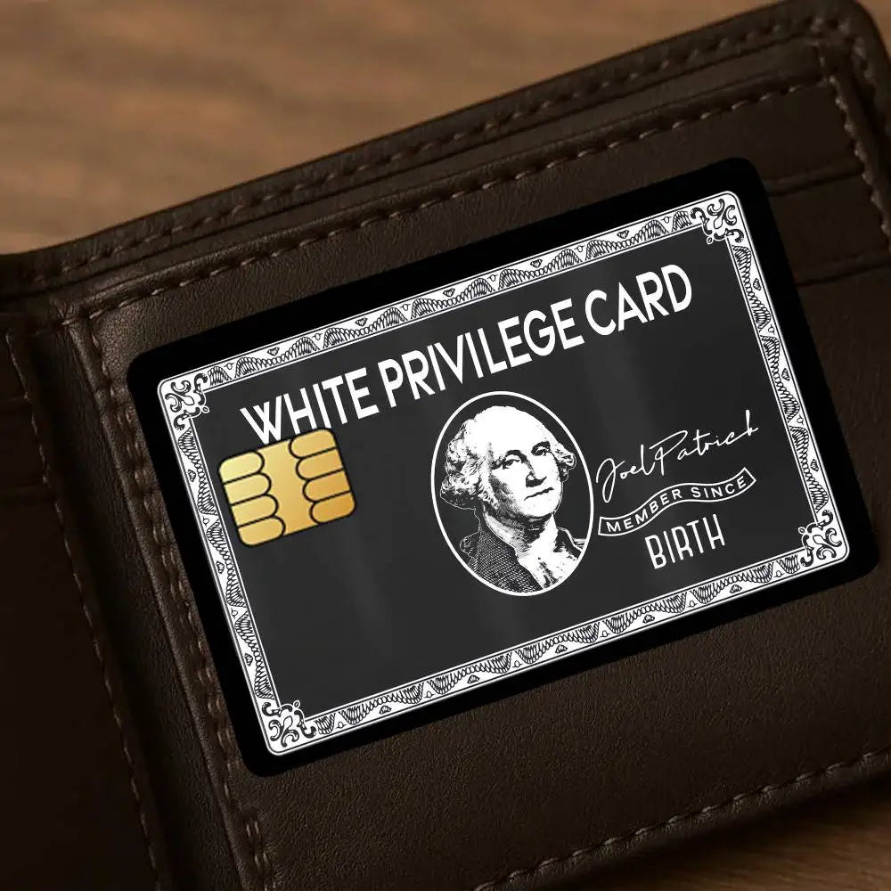 A black white privilege card is displayed on a brown leather wallet.