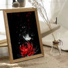 A framed poster featuring a red spider lily design with scattered white petals against a black background.