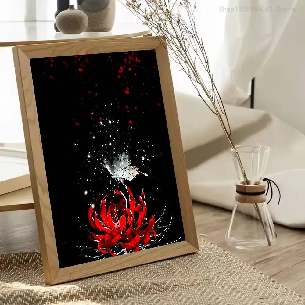 A framed poster featuring a red spider lily design with scattered white petals against a black background.