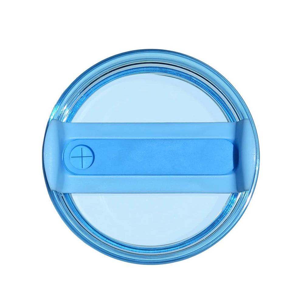 A clear blue replacement lid for a tumbler or cup, featuring a horizontal plastic band for sealing.