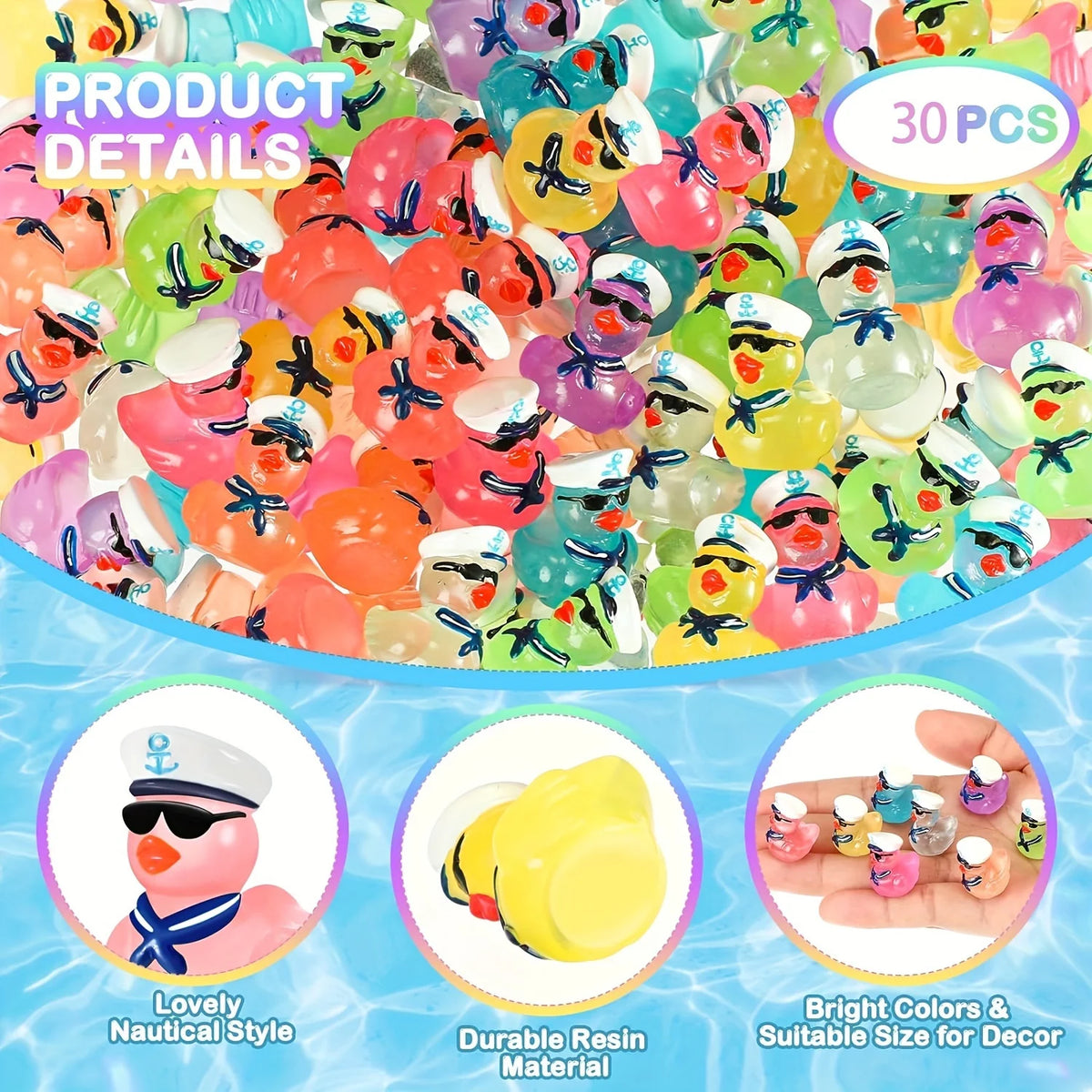 A pile of glow-in-the-dark resin cruise duck decorations in various bright colors and sizes.