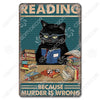 Décor mural vintage en métal représentant un chat noir regardant une pile de vieux livres avec le texte 'Because Murder Is Wr