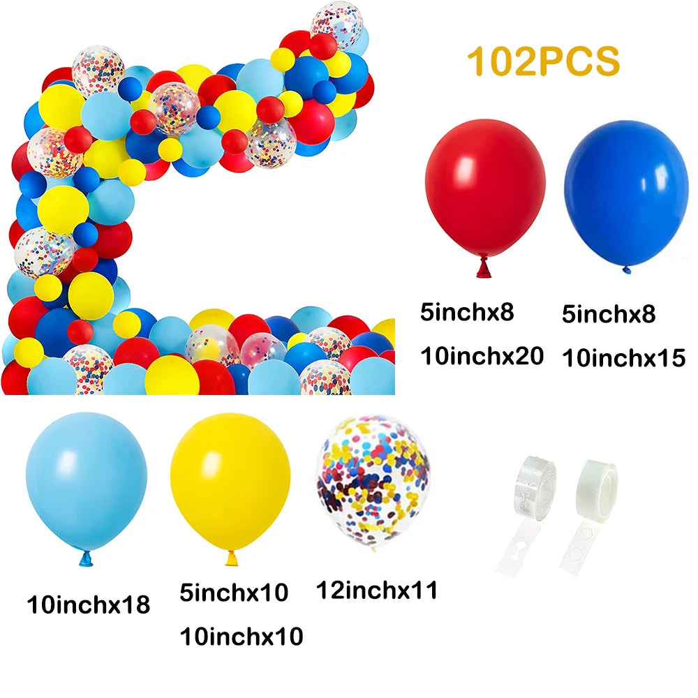 A colorful balloon garland arch kit featuring various sized balloons and star foil accents.