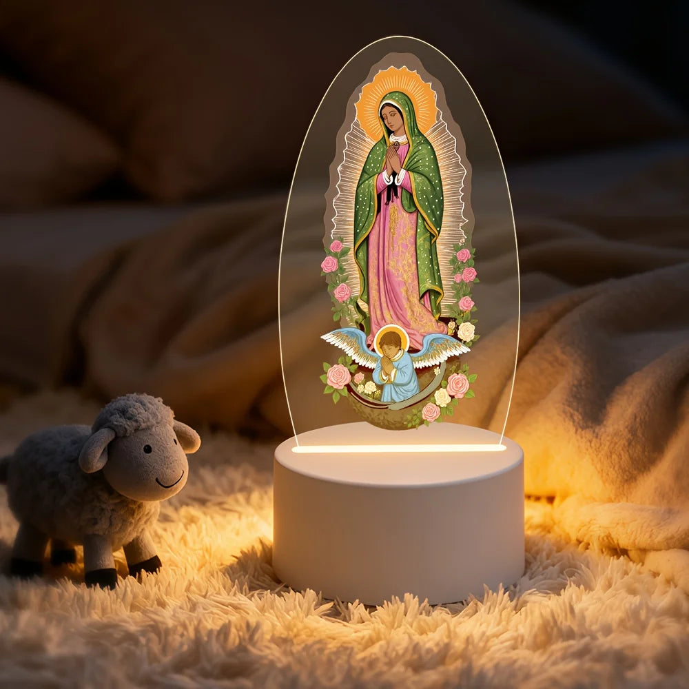 Lumière de nuit décorative représentant la Vierge Marie entourée de fleurs et d'un agneau.